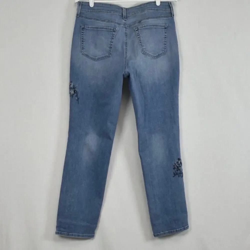 NYDJ Boyfriend Jeans Women Size 12 Blue Denim with Flower Embroidered 5 Pocket - Picture 4 of 13